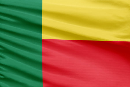 Benin flag is depicted on a sport stitch cloth fabric with folds.の写真素材
