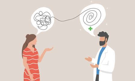 Psychologist man and woman patient in therapy session. Treatment of stress, mental problems. Psychotherapy counseling concept.のイラスト素材