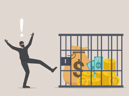 sack of money with dollar sign desired by thief being trapped inside a locked cageのイラスト素材