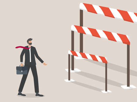 Businessman problems and challenges, businessman standing in front of a Barrier or hurdle.のイラスト素材