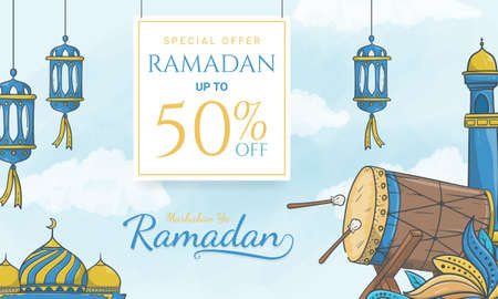 Hand drawn ramadan sale banner with islamic ornamentのイラスト素材