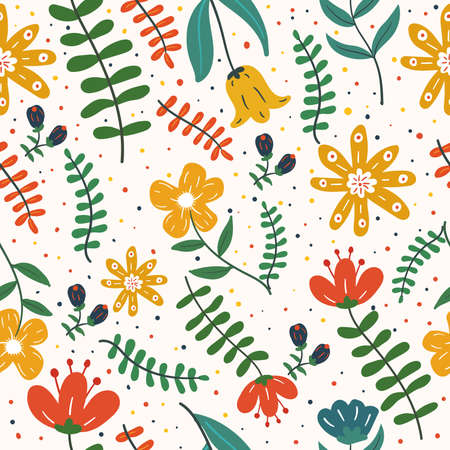 Colorful exotic leaves and flowers seamless patternのイラスト素材