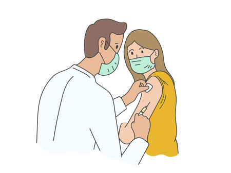 hand drawn Patient wearing mask  getting their vaccine, coronavirus vaccineのイラスト素材