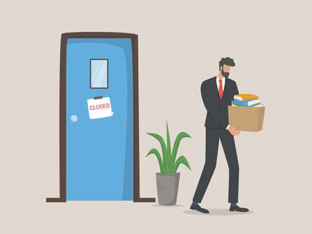 Unhappy fired man leave the office with things in boxes, Layoff concept. Unemployment, Crisis, jobless.のイラスト素材