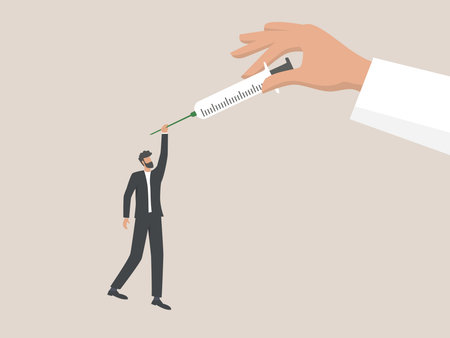 Injection to stop coronavirus pandemic, men depend on vaccinesのイラスト素材