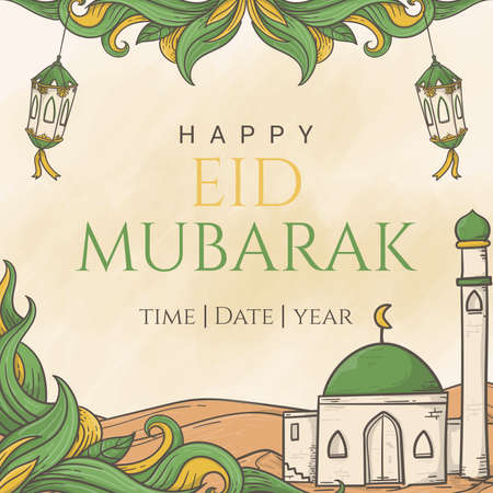 Eid Mubarak greeting beautiful lettering on the hand drawn islamic ornament backgroundのイラスト素材