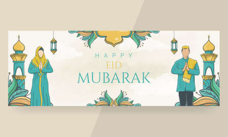 Hand drawn Happy Eid Mubarak beautiful lettering bannerのイラスト素材