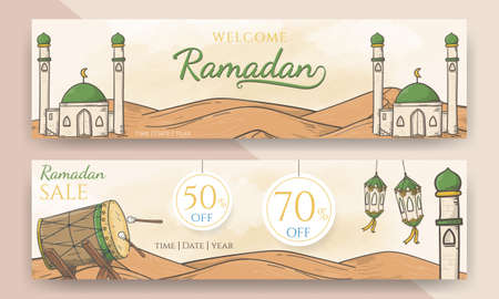 Hand drawn welcome ramadan and ramadan sale bannerのイラスト素材