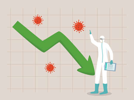 Coronavirus cases reduction chart. End of pandemic. medical front line staff standing with spike COVID-19 cases chart or graphのイラスト素材