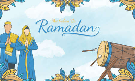 Hand drawn marhaban ya  ramadan with islamic ornament and muslim characterのイラスト素材