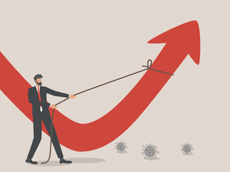 business rebuilding,  a businessman drew a falling red arrow, the Hard Work Ahead to Restore the Global Economy after coronavirus pandemic.のイラスト素材