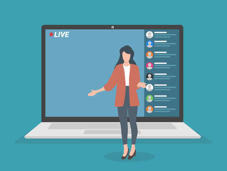 Live streaming event, young female performing in front of the laptop camera, remote activitiesのイラスト素材
