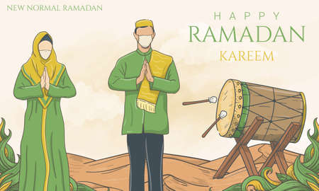 new normal ramadan kareem, keep wearing face mask during ramadan, hand drawn illustration.のイラスト素材