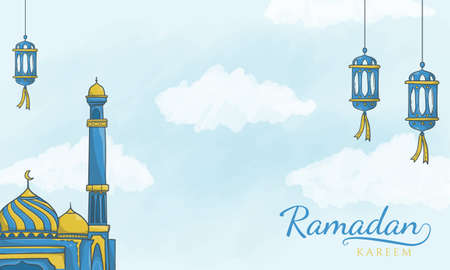 islamic latern and mosque ramadan kareem backgroundのイラスト素材
