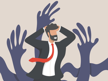 A psychological concept, a businessman character surrounded by giant creeping hands. men who are...