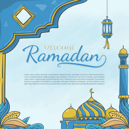 hand drawn welcome ramadan with islamic ornamentのイラスト素材