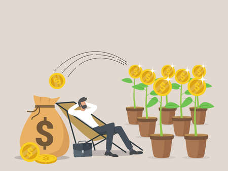 Passive income, salary & profits concept, a man relaxes waiting for the money to enter his dollar bag.のイラスト素材