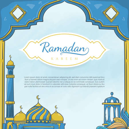 hand drawn ramadan kareem with islamic ornamentのイラスト素材