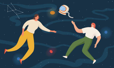 Two women floating in space with planets and stars. flying in sky with stars wearing casual clothesのイラスト素材