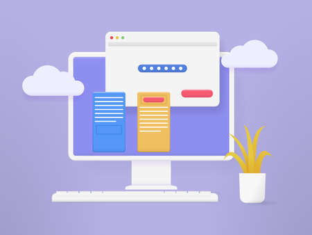 3D computer account login and password form page on screen. login authentication page concept.のイラスト素材