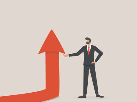 Businessman holding arrow going up, growth, success and achievement concept.のイラスト素材