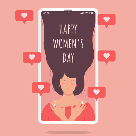 woman on mobile phone with love sign, happy womens dayのイラスト素材