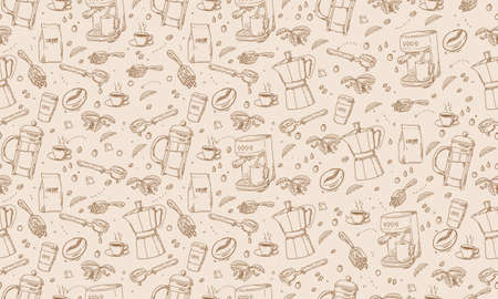 seamless background hand drawn coffee equipmentのイラスト素材