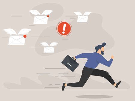 A frightened businessman is running away from a plenty emails chasing himのイラスト素材