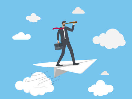 Businessman flying on paper plane with telescopeのイラスト素材