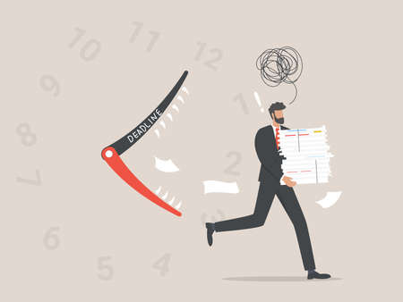 Deadlines. clock businessman character running with a huge pile of documents.のイラスト素材