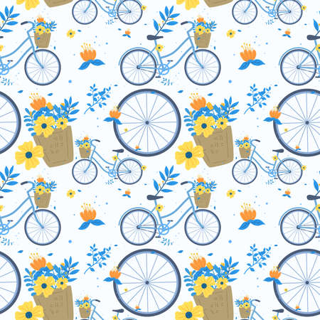 Bicycle or bike with flowers and bucket seamless pattern hand drawnのイラスト素材