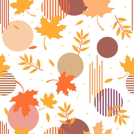 Modern autumn leaves with colorful circle geometric and stripe seamless patternのイラスト素材