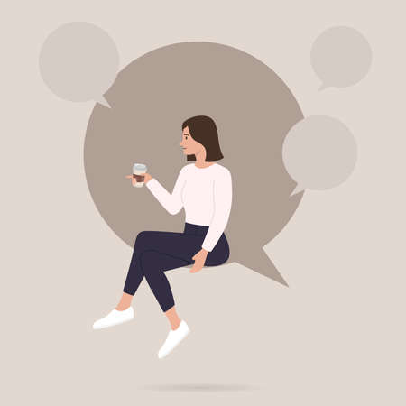 Woman drinking coffee sits in the big speech bubbleのイラスト素材