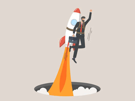 Businessman coming out of hole using rocketのイラスト素材