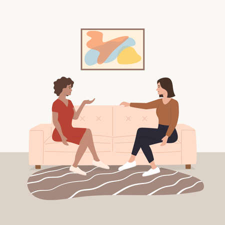 Woman friends sitting at sofa and talkingのイラスト素材