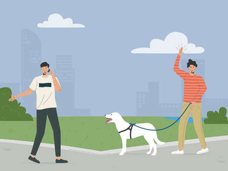 Happy people walking in the green eco city park flat illustrationのイラスト素材