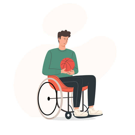 Young smiling man sitting in wheelchair while holding a basketballのイラスト素材