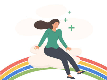 Young woman sitting on a rainbow Body positive and health care conceptのイラスト素材