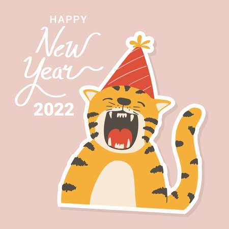 Handdrawn cute tiger in party hat stickerのイラスト素材