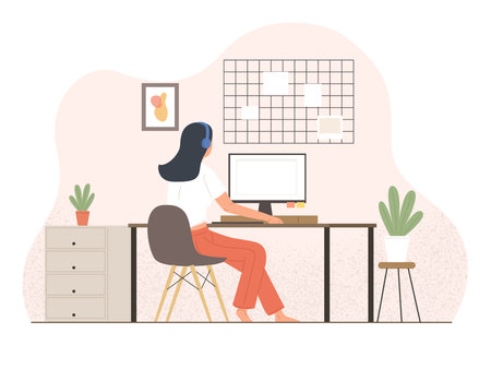 Happy woman sitting by computerのイラスト素材