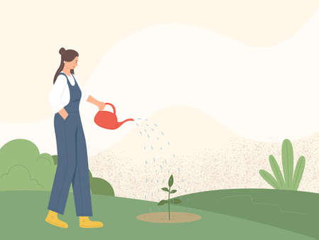 women watering Plant with Watering Canのイラスト素材