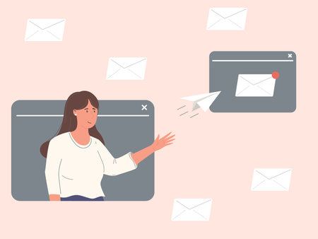 women sending paper airplane from virtual computer window frame Send mail concept