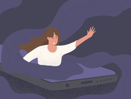 women character drowning in social media phone illustrationのイラスト素材