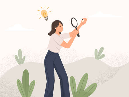 Business woman using a magnifying glass looking for new ideasのイラスト素材