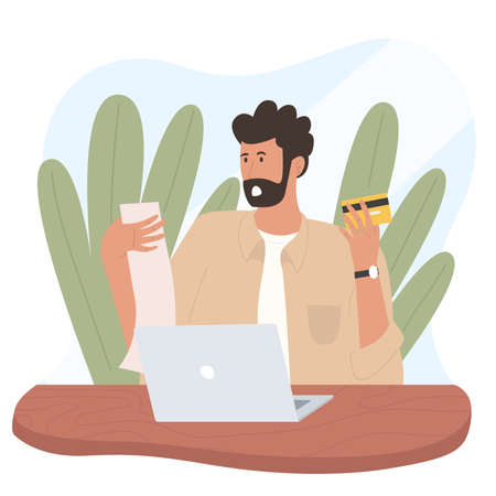 man with payment receipts and bank cards vector flat illustrationのイラスト素材