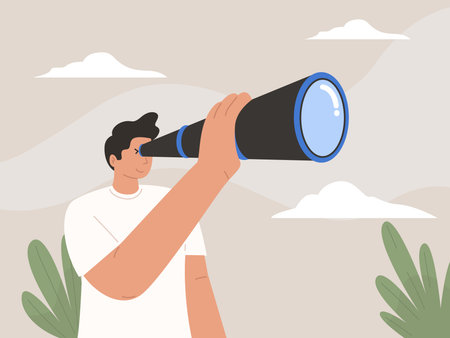 Young curious woman holding binoculars in hand and looking far away