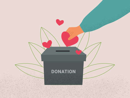 Donation box and love concept. Human hand putting red hearts to donation boxのイラスト素材
