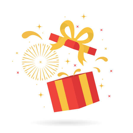 Red gift box isolated on white background with confetti explosion. An open empty red boxのイラスト素材