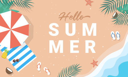 Hello summer with beach umbrellas and sea wavesのイラスト素材