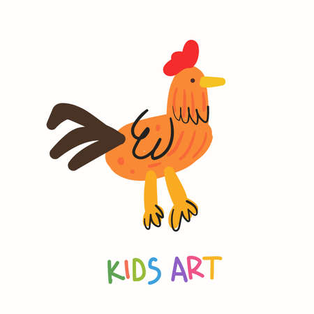 Childish style drawing. Hand drawn colorful rooster illustrationのイラスト素材